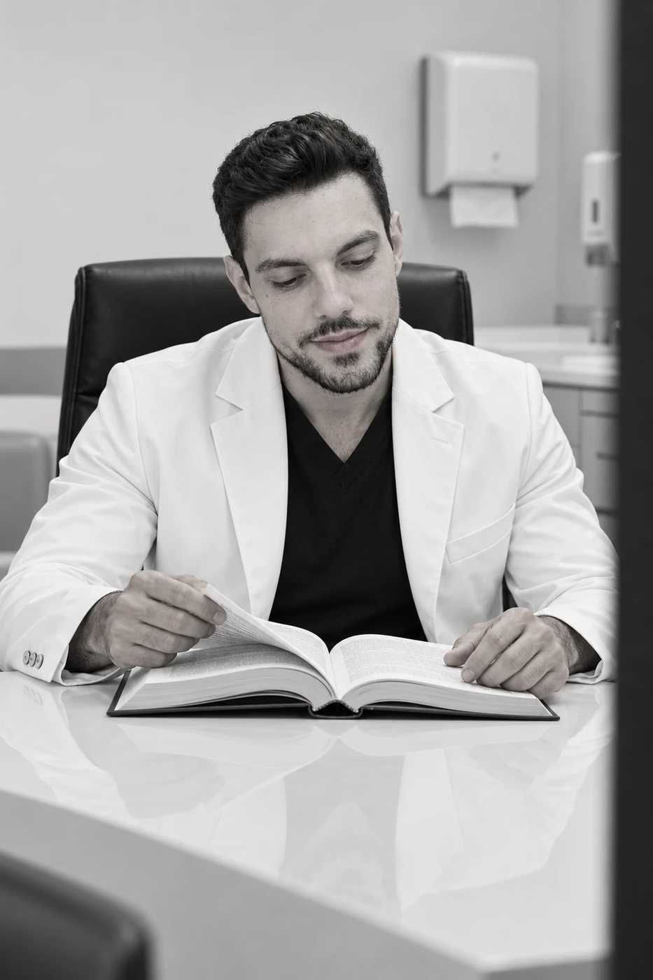 Dr. Marco Ferreira estudando um livro no consultório, de jaleco