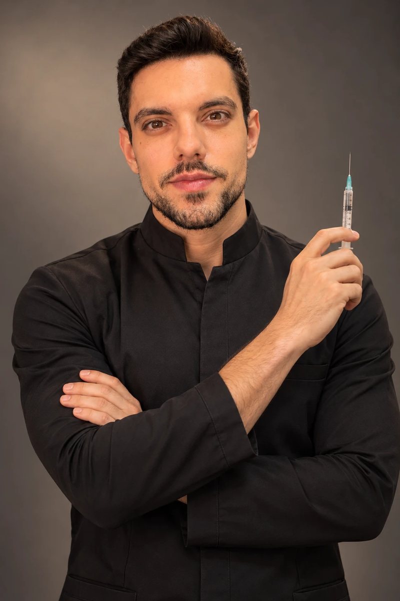Dr. Marco Ferreira de jaleco preto, de braços cruzados, segurando uma seringa